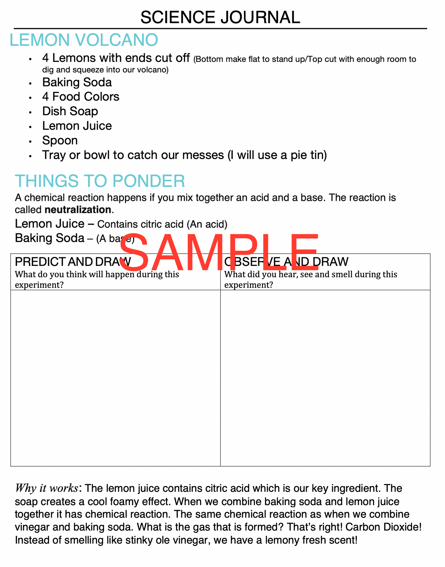 Lemon Volcano Science Experiment Journal & Step-By-Step Instructions