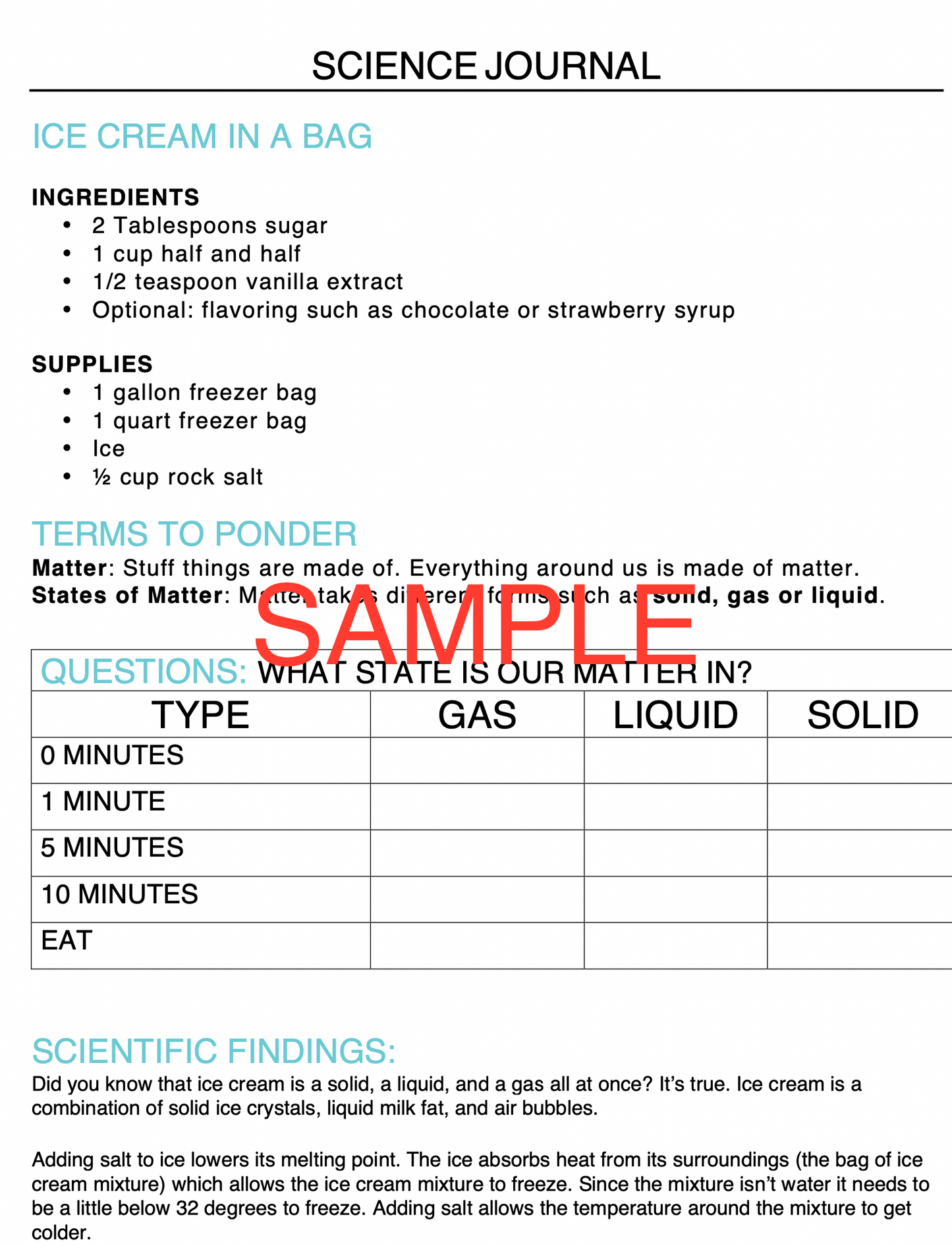 Ice Cream in a Bag Science Experiment Journal & Step-By-Step Instructions