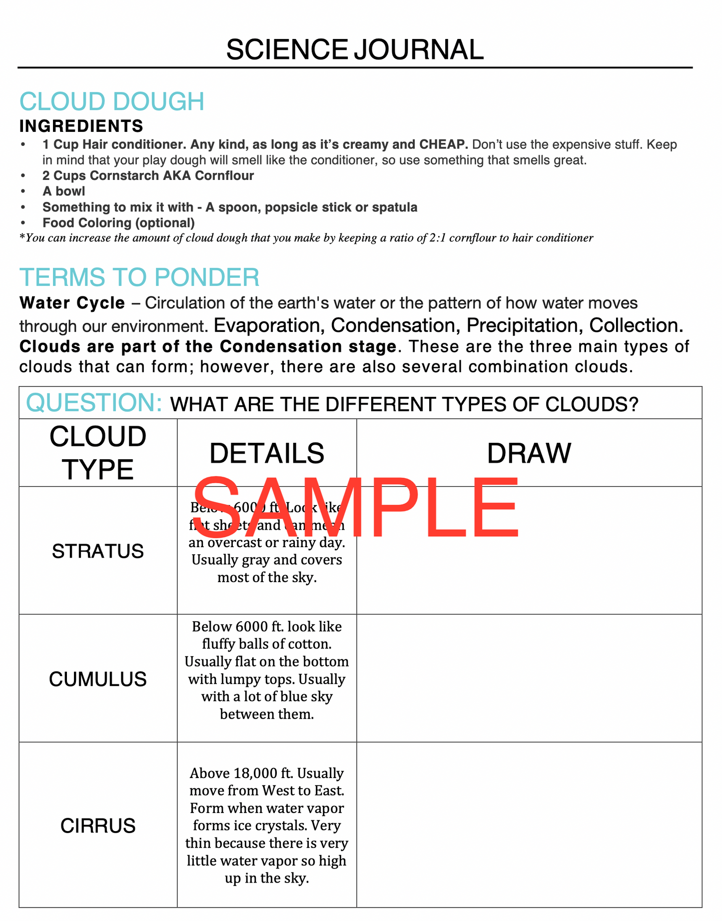 Clouds and Cloud Dough Science Experiment Journal & Step-By-Step Instructions