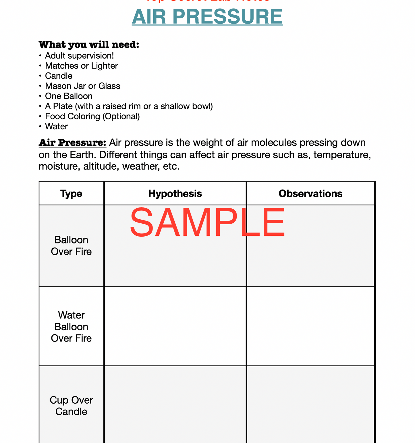 3-in-1 Air Pressure Science Experiment Journal & Step-By-Step Instructions