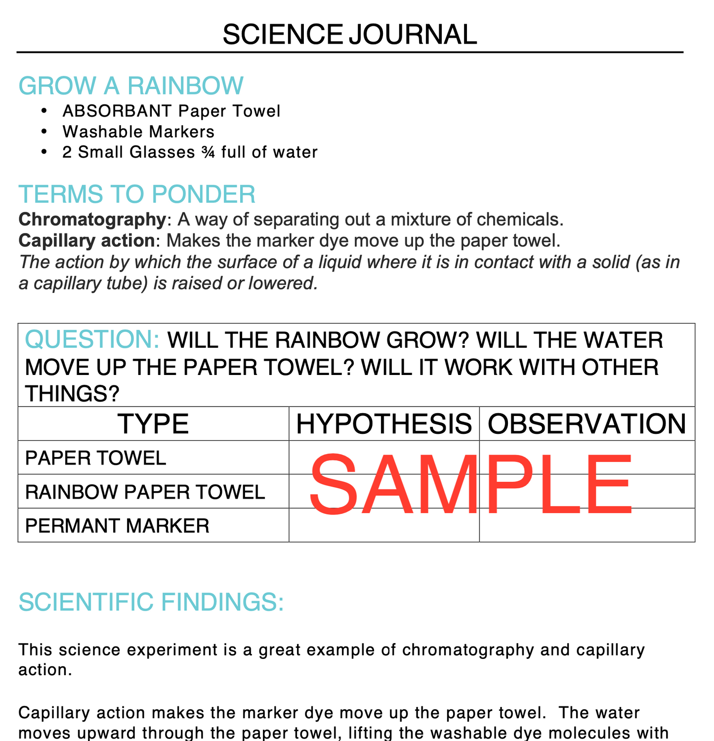 Grow-A-Rainbow Science Experiment Journal & Step-By-Step Instructions