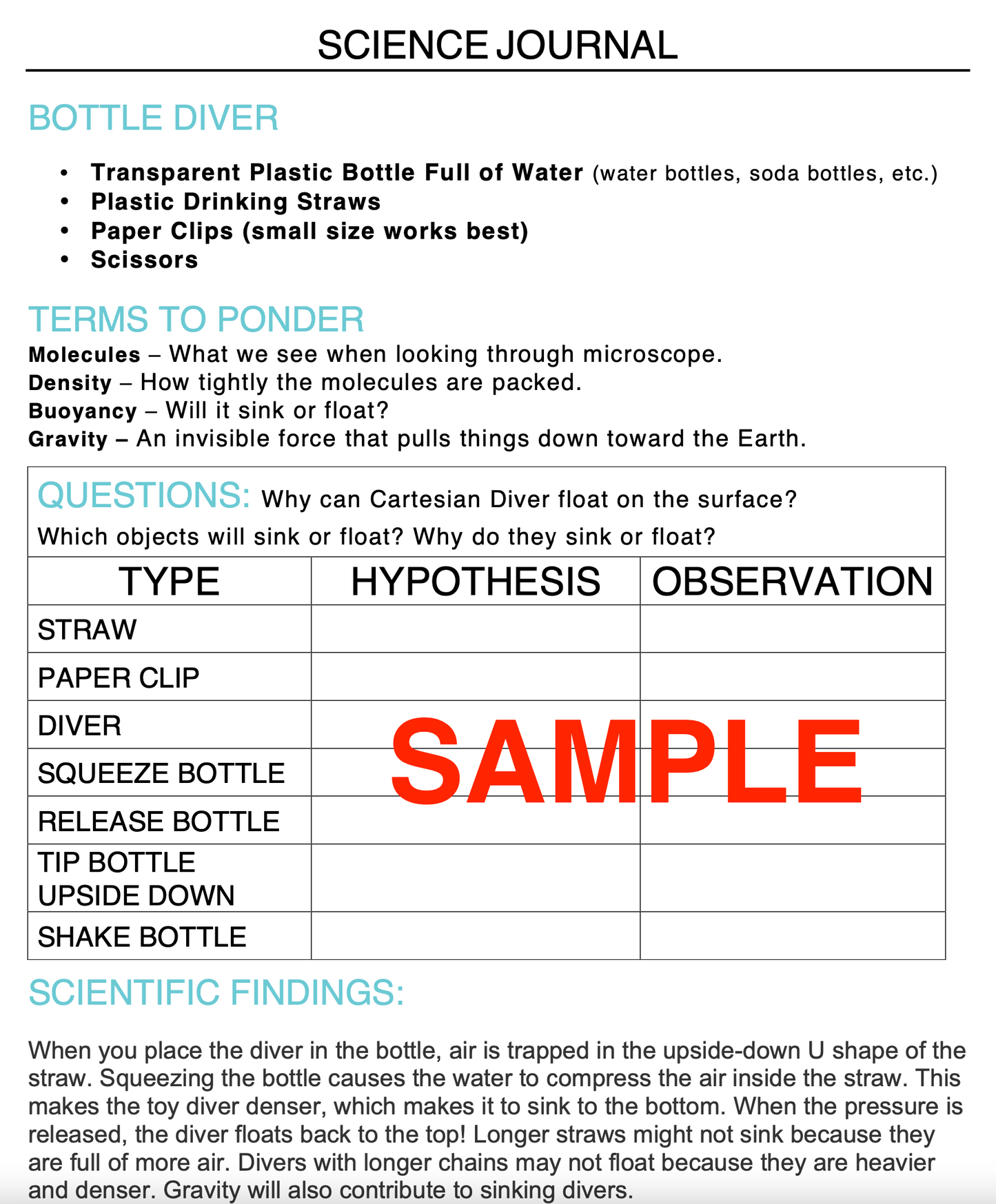 Cartesian Bottle Diver Science Experiment Journal & Step-By-Step Instructions