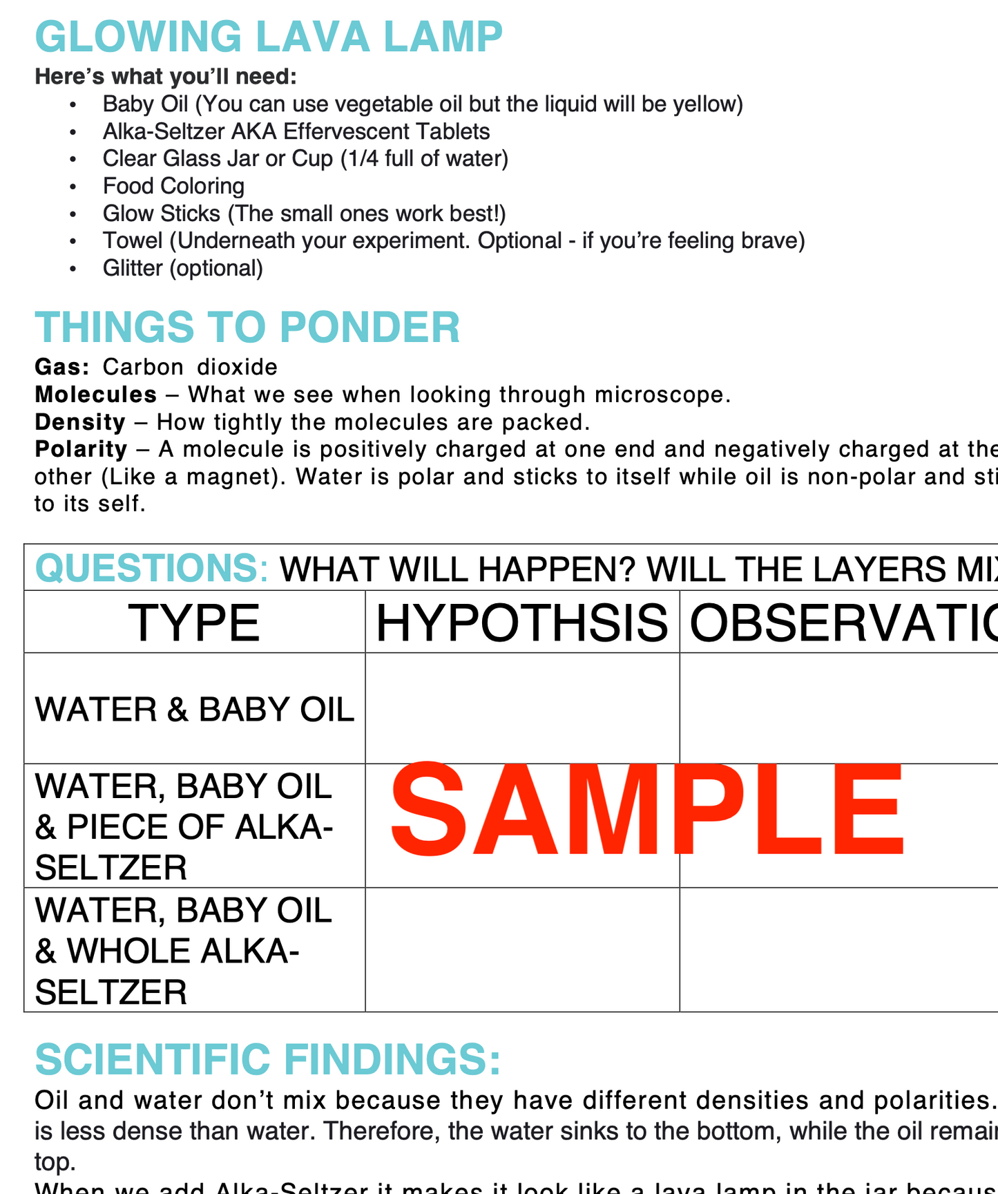 Glowing Lava Lamp Science Experiment Journal & Step-By-Step Instructions