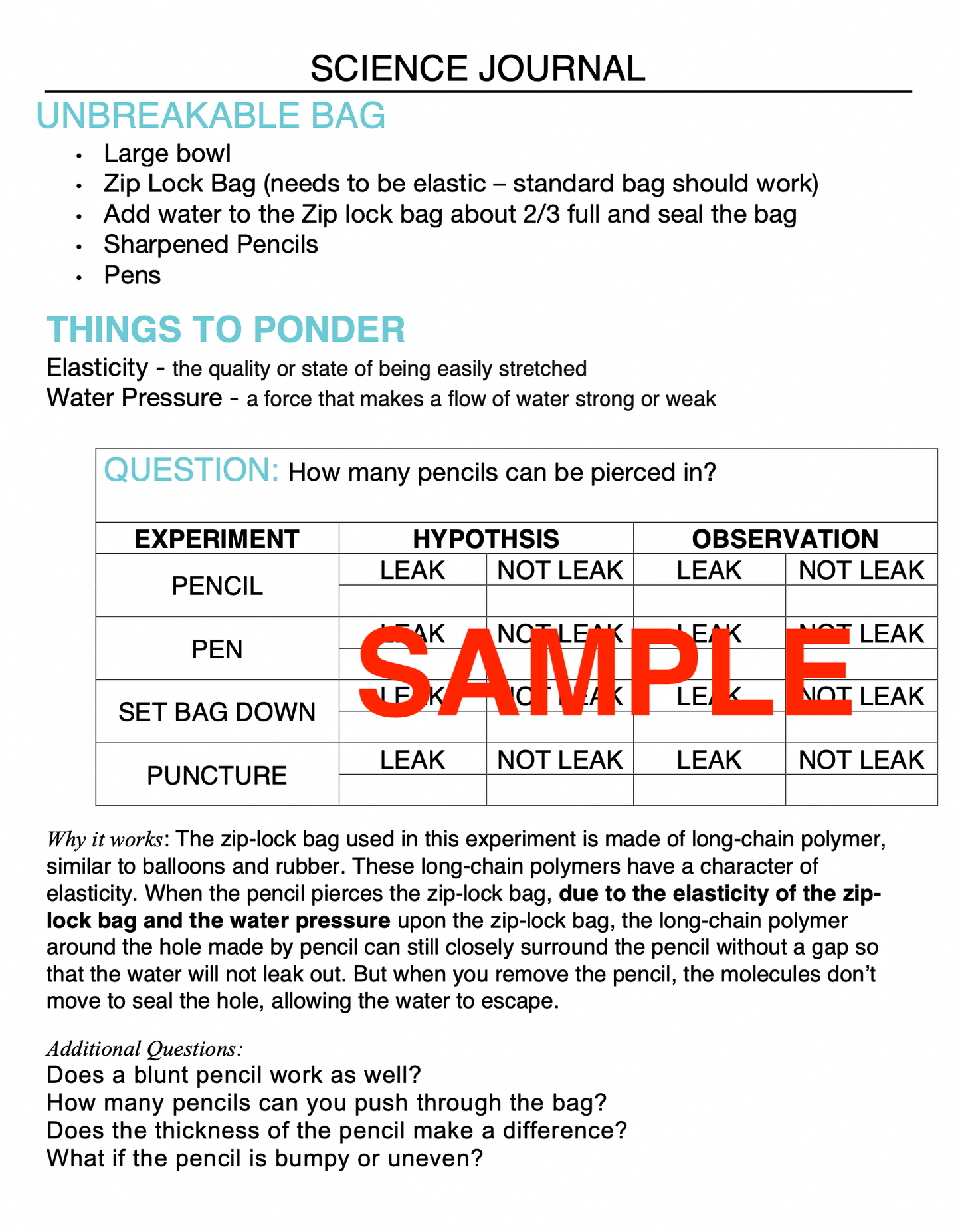 Unbreakable Bag Science Experiment Journal & Step-By-Step Instructions