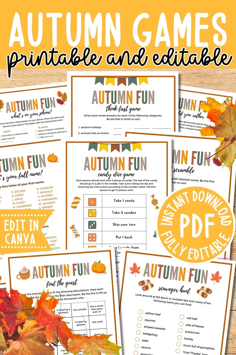 Autumn Fun Printable and Editable Game Bundle