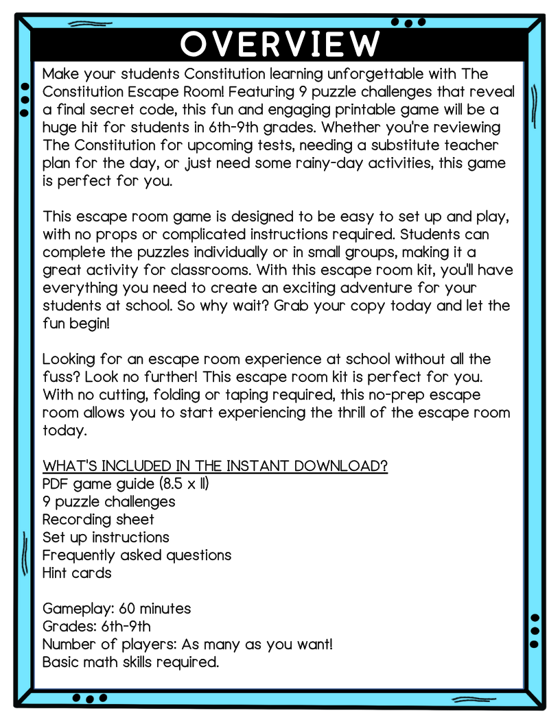 Constitution Escape Room, 9 Puzzles, 6th-9th Grades