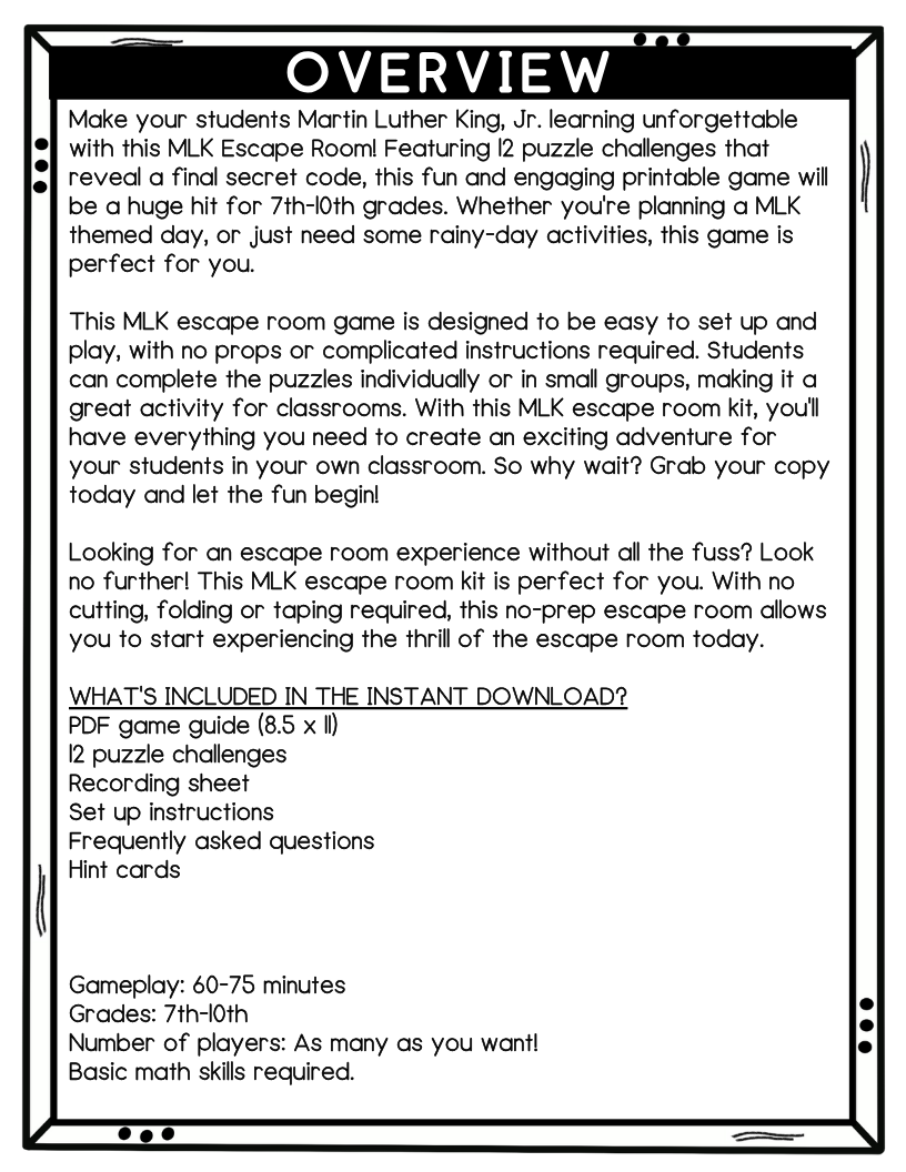 MLK Escape Room, 12 Puzzles, MLK Day