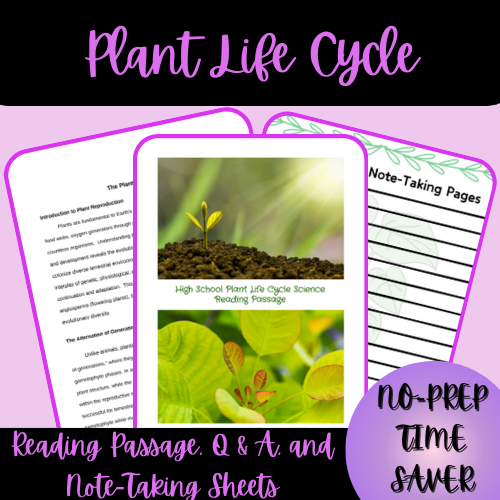 High School Plant Life Cycle Science Reading Passage, Q & A, and Note-Taking Sheets