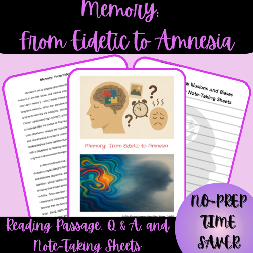 High School Memory:  From Eidetic to Amnesia Reading Passage, Q & A, and Note-Taking Sheets