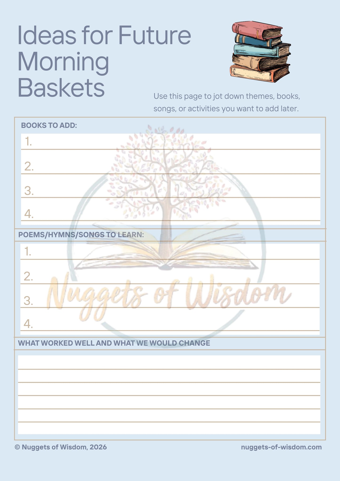 Morning Basket Planning Kit – 12 Pages for Bible, Read-Alouds, Beauty Loop & Family Reflection