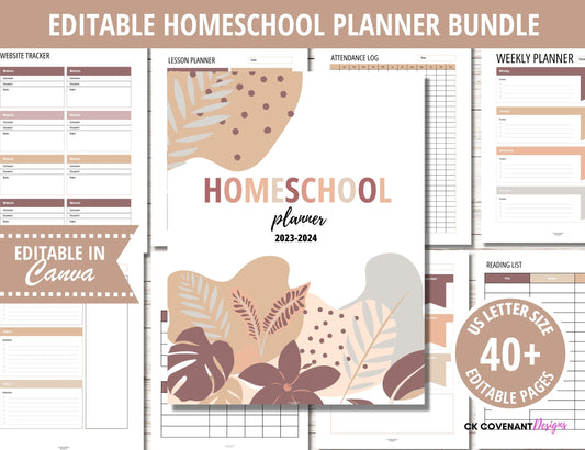 Homeschool Planner Bundle Boho Brown - Editable Canva Template