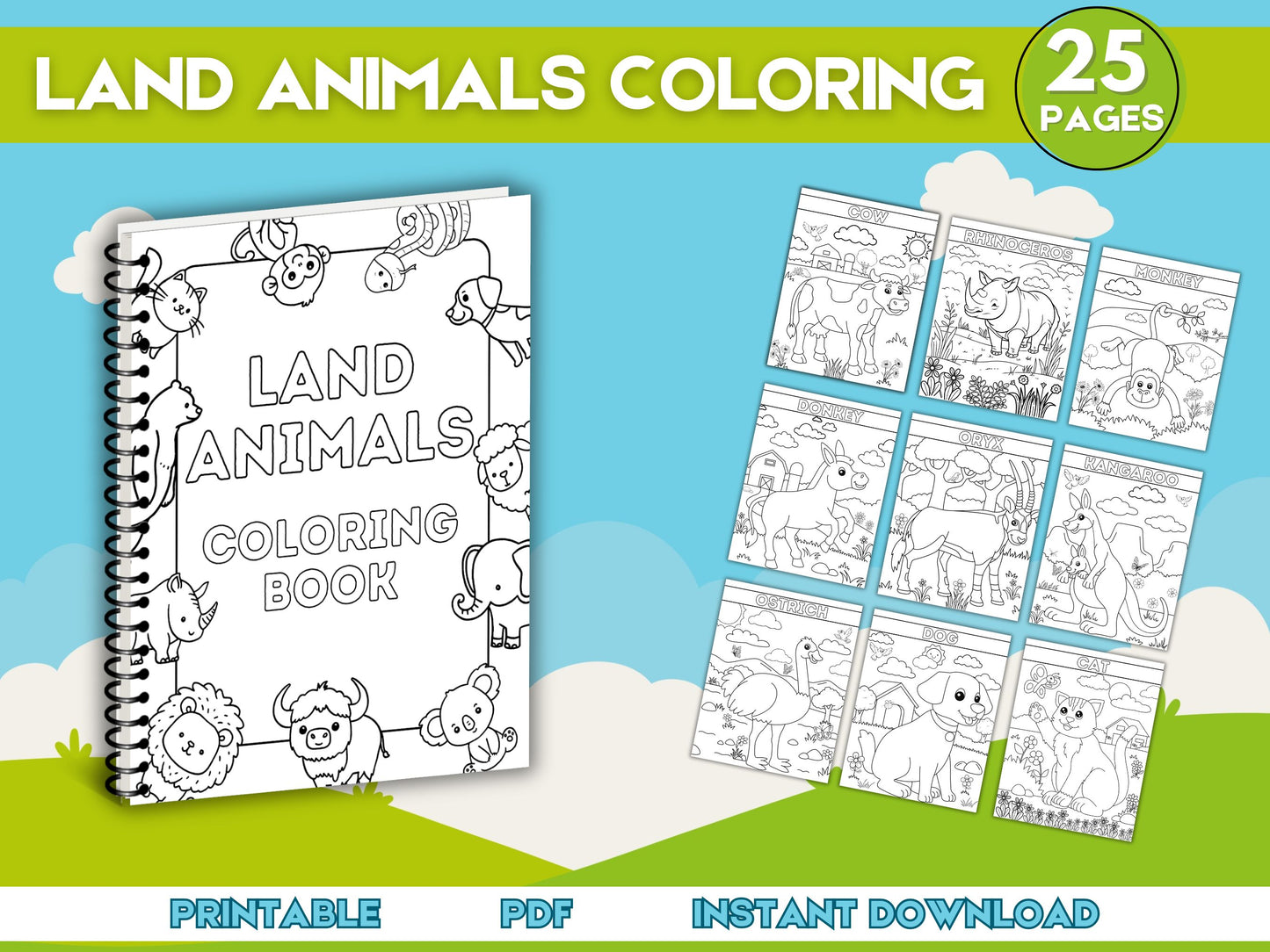 Land Animals Coloring Pages: 25 Pages