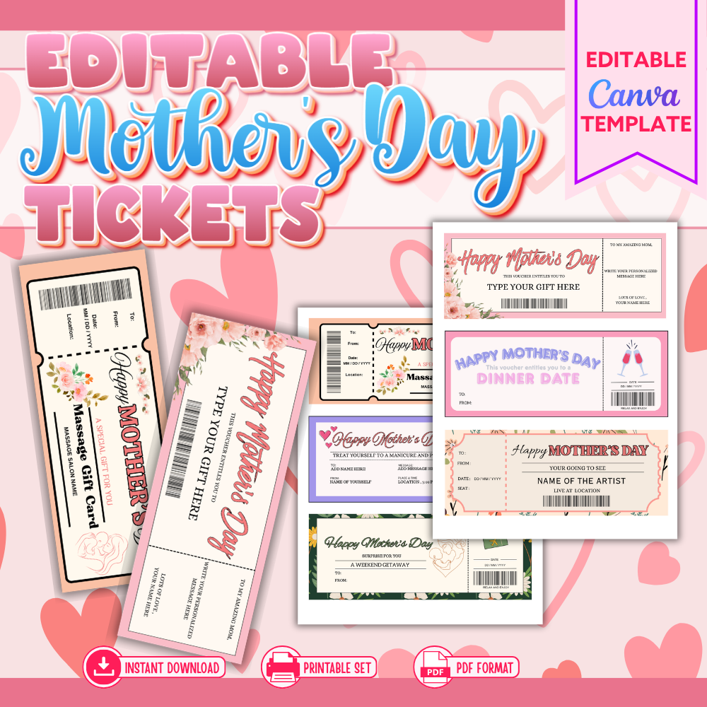 Editable Mother’s Day Gift Tickets | Printable Coupon Vouchers for Mom