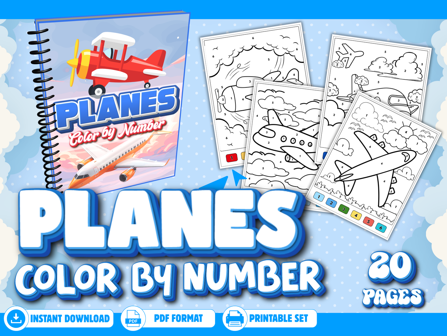 Planes Color by Number Worksheets Printable
