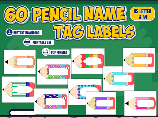 Big Pencil Name Tag Labels – 60 Printable Designs in US Letter and A4 Sizes