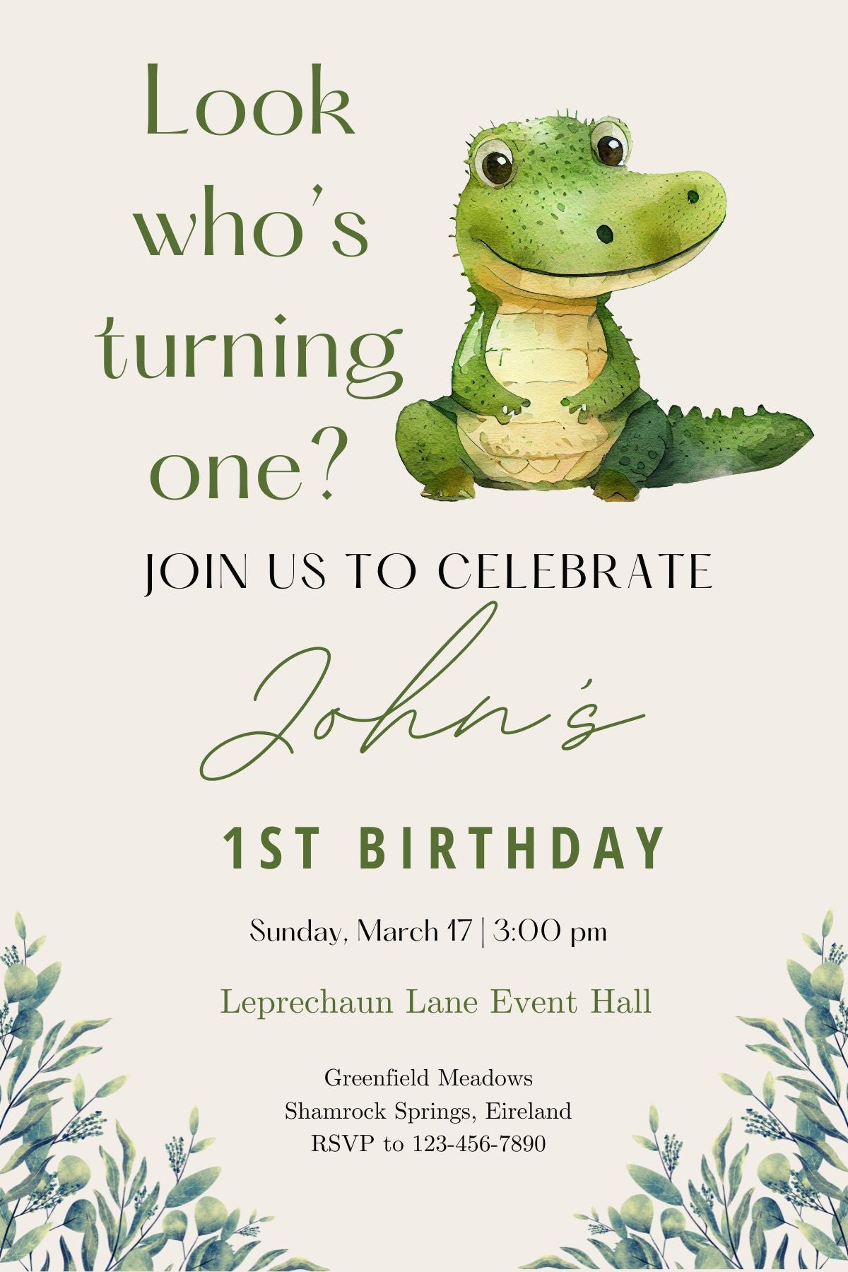 Look Who's Turning 1? Alligator, Editable Template Birthday Invite