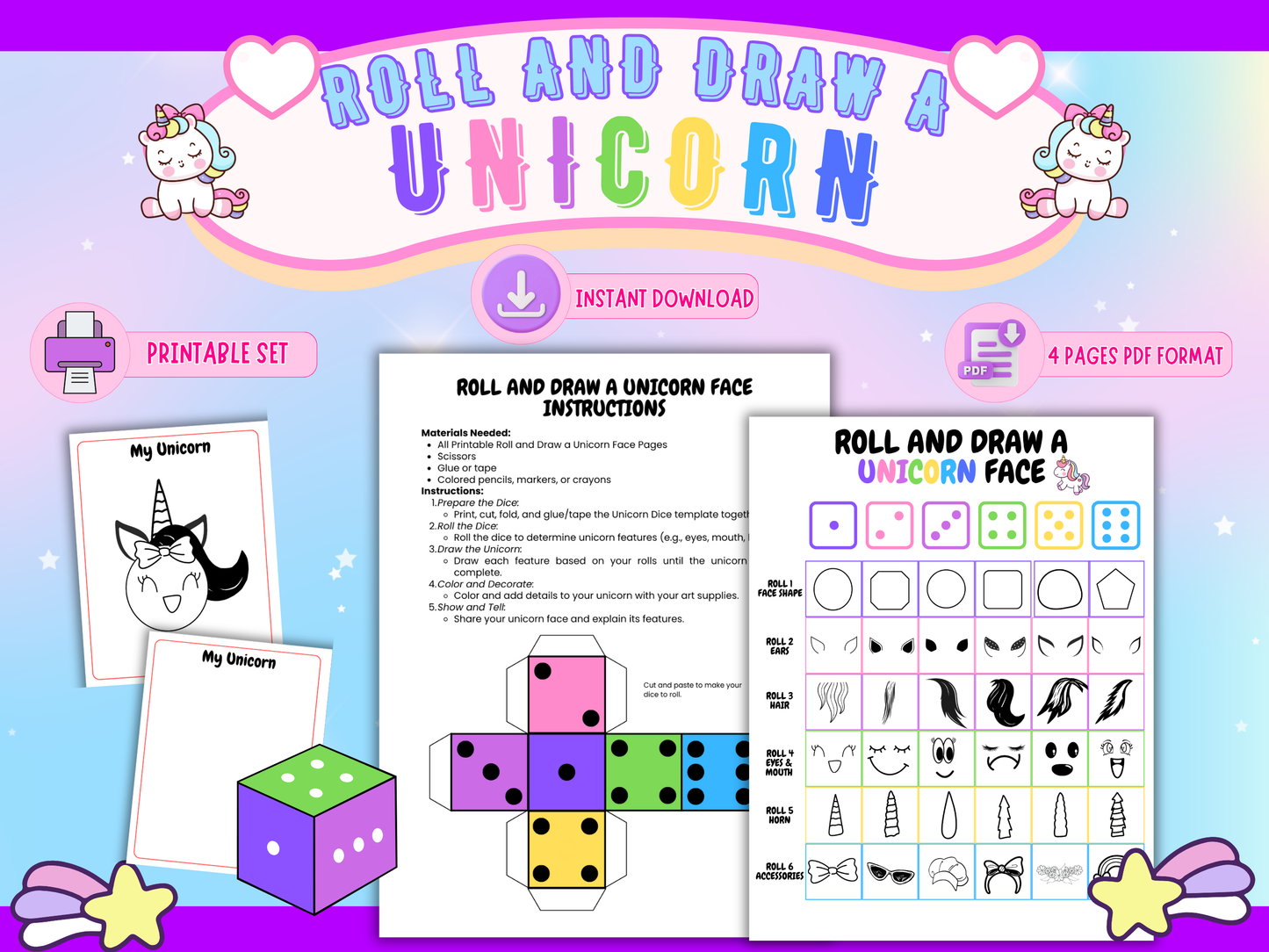 Roll and Draw a Unicorn Face Game