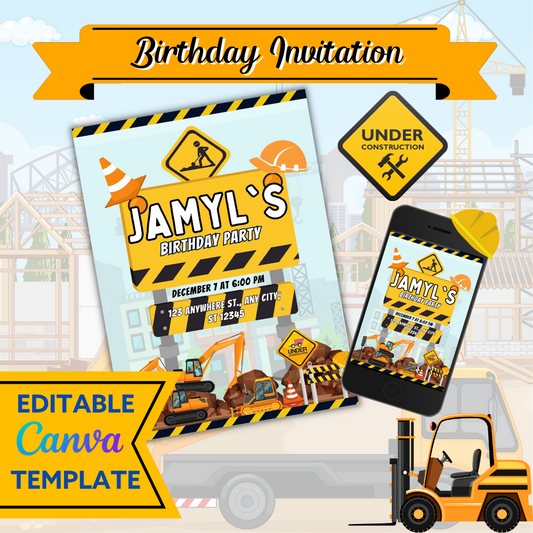 Birthday Party Invite: Construction Vehicles!