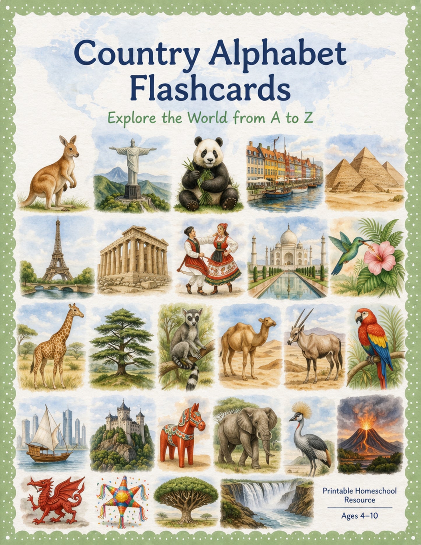 Country Alphabet Flashcards | A–Z World Geography for Kids | Homeschool Printable