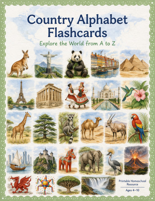 Country Alphabet Flashcards | A–Z World Geography for Kids | Homeschool Printable