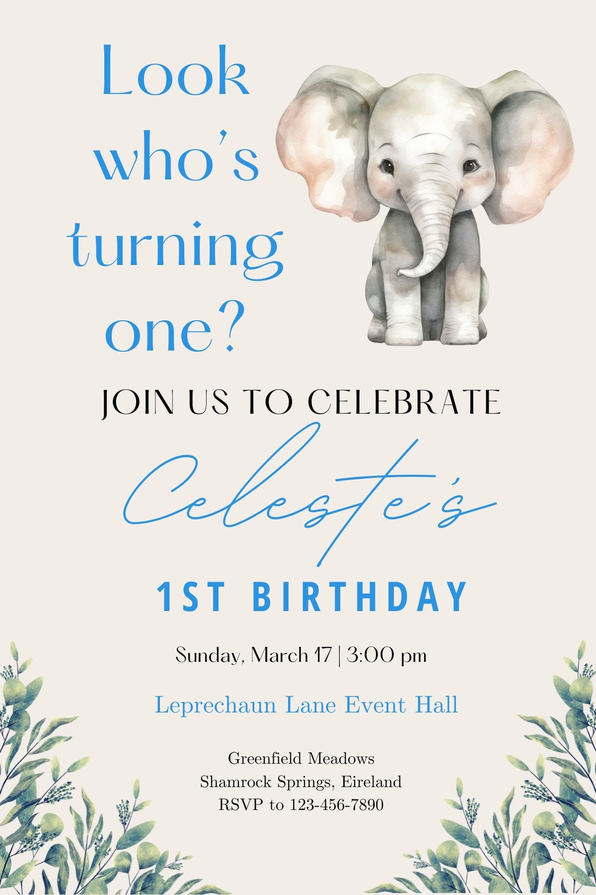 Look Who's Turning 1? Elephant Digital Template Birthday Invite