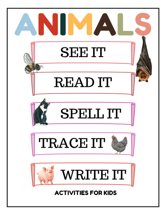 Animals: See It, Read It, Spell It, Trace It, Write It Digital Resource