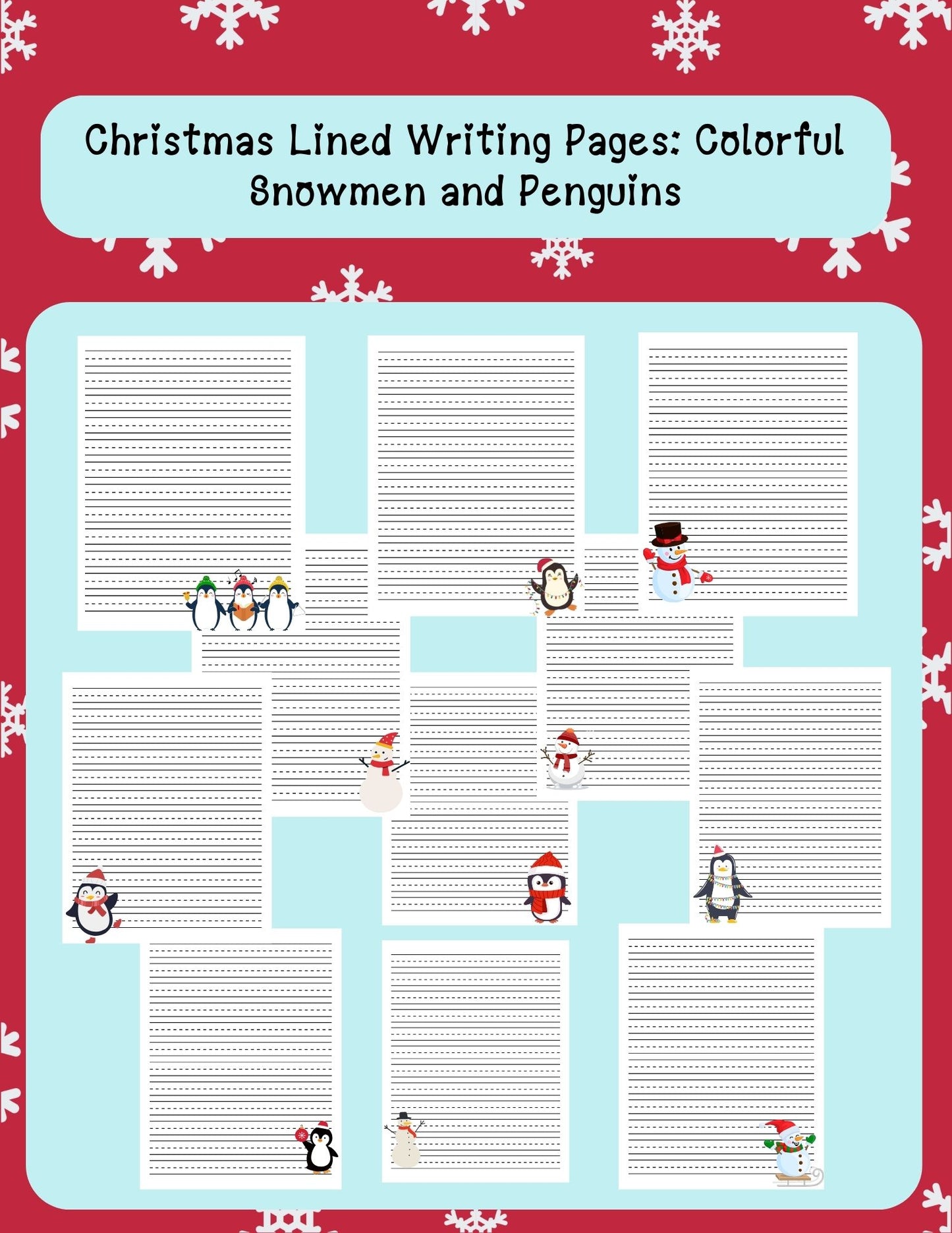 Christmas Lined Writing Pages: Colorful Snowmen and Penguins