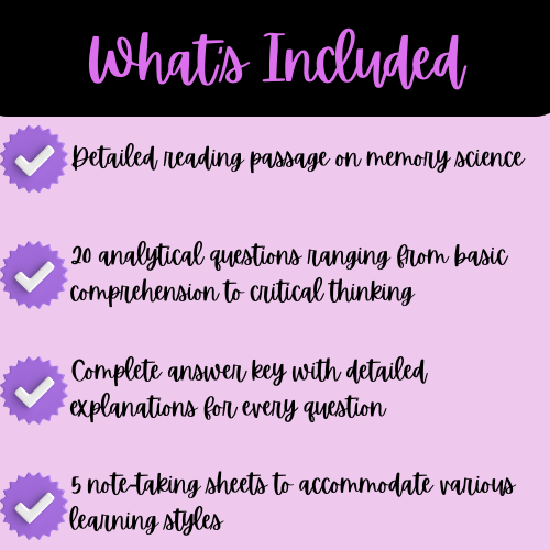 High School Memory:  From Eidetic to Amnesia Reading Passage, Q & A, and Note-Taking Sheets