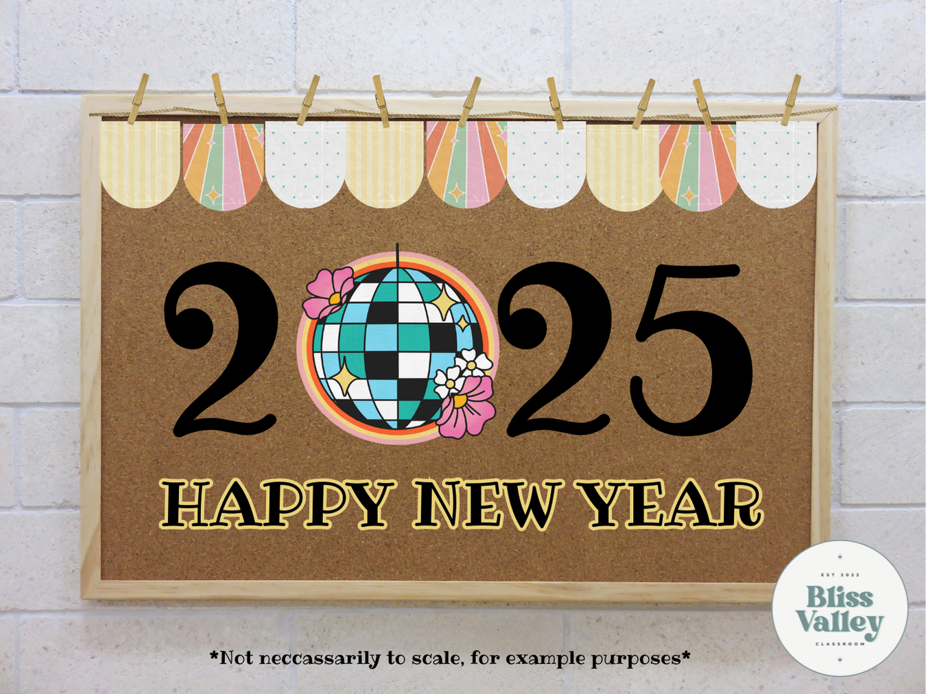 2025 Happy New Year Winter Classroom Bulletin Board Kit | Retro | Door Decoration | January Bulletin Board | Disco Ball | PNG for Cricut