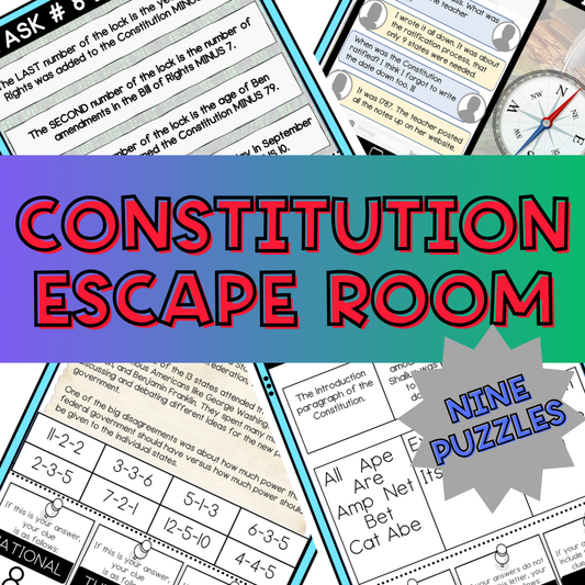 Constitution Escape Room, 9 Puzzles, 6th-9th Grades