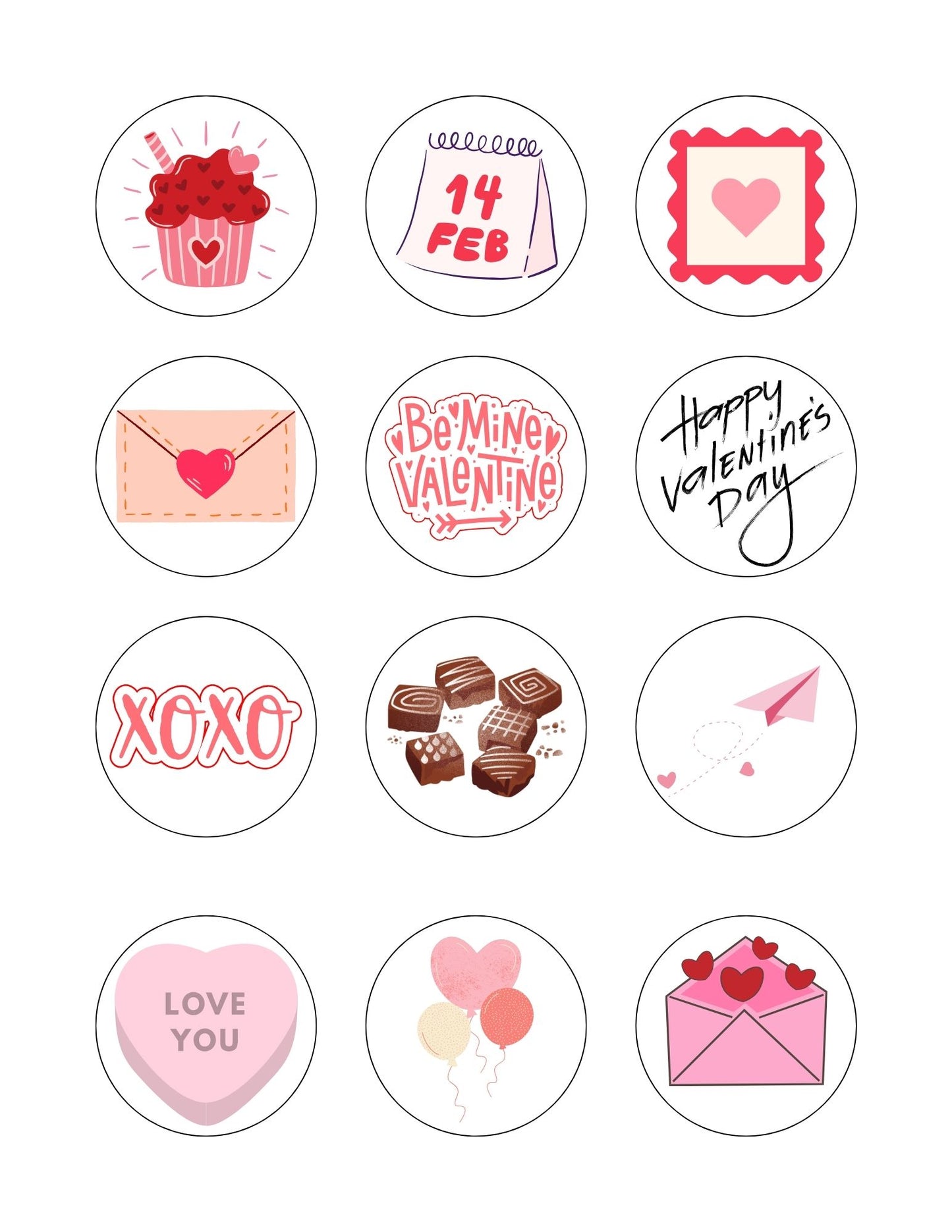 Valentine's Day Stickers Digital Download: 2" Diameter