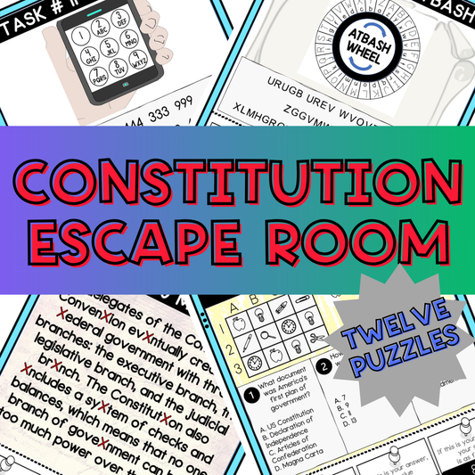 Constitution Escape Room, 12 Puzzles, 9th-12th Grades