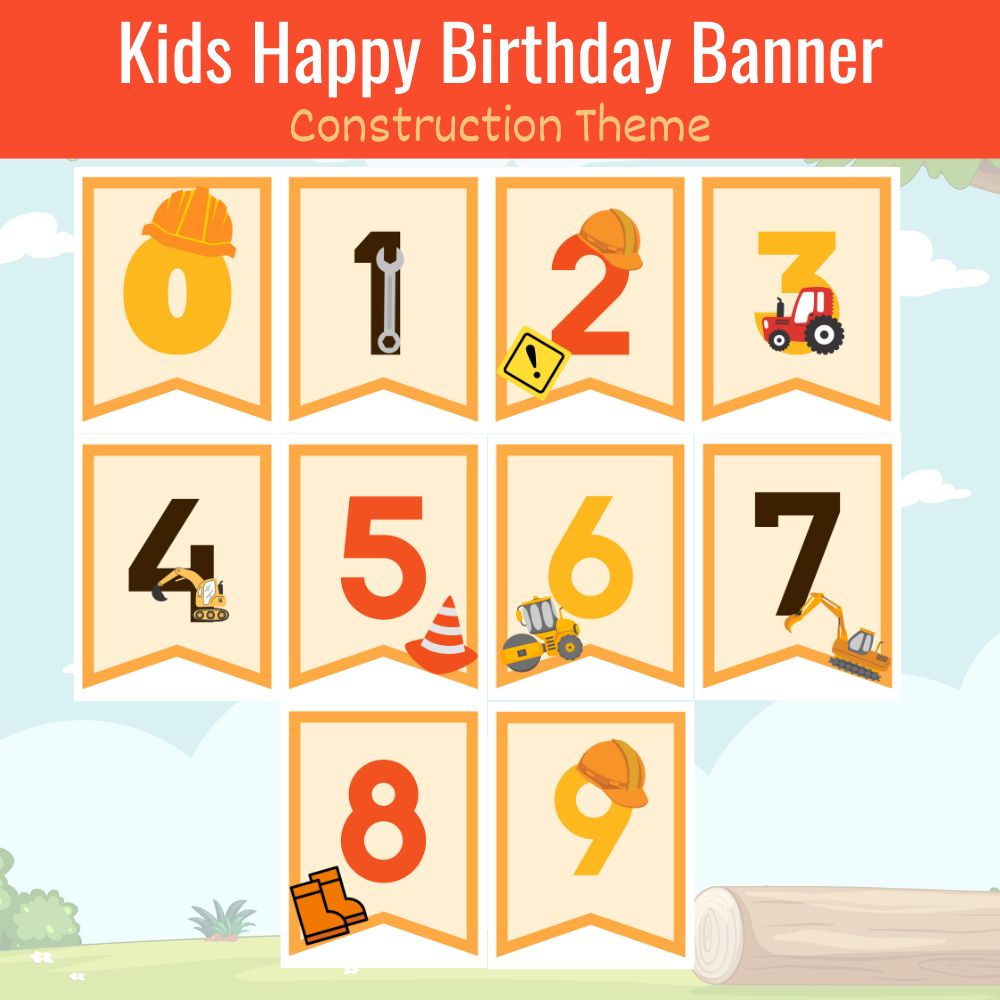 Construction Alphabet and Numbers Birthday Banner