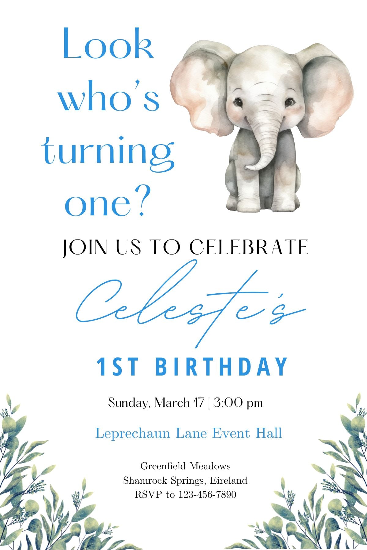 Look Who's Turning 1? Elephant Digital Template Birthday Invite