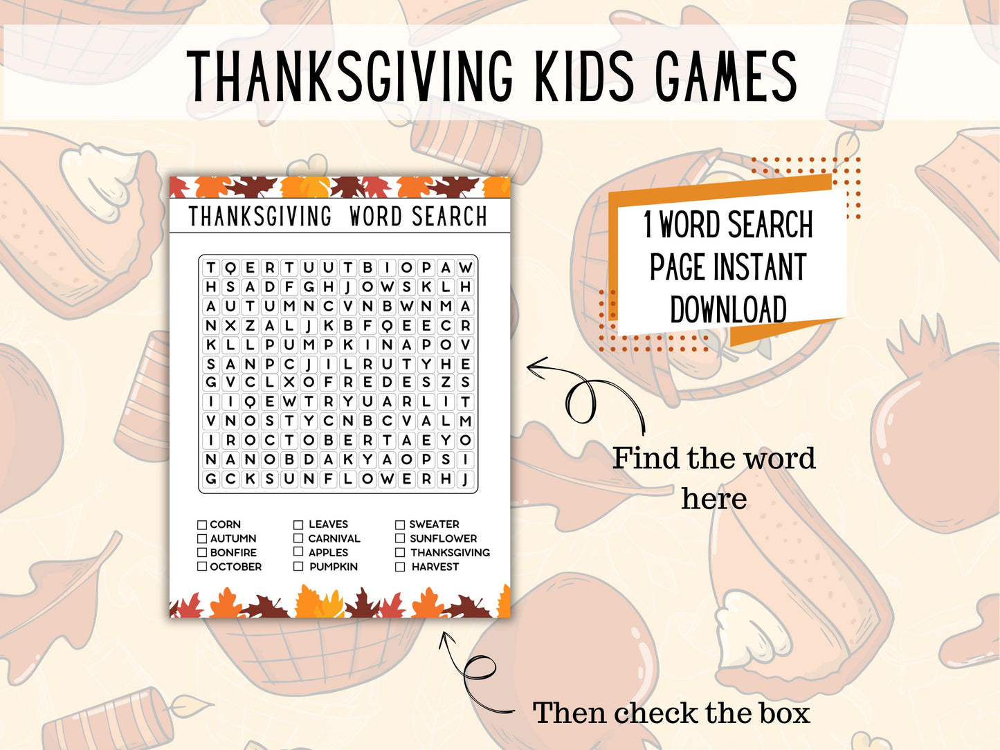 Thanksgiving Word Search, Maze, and I Spy