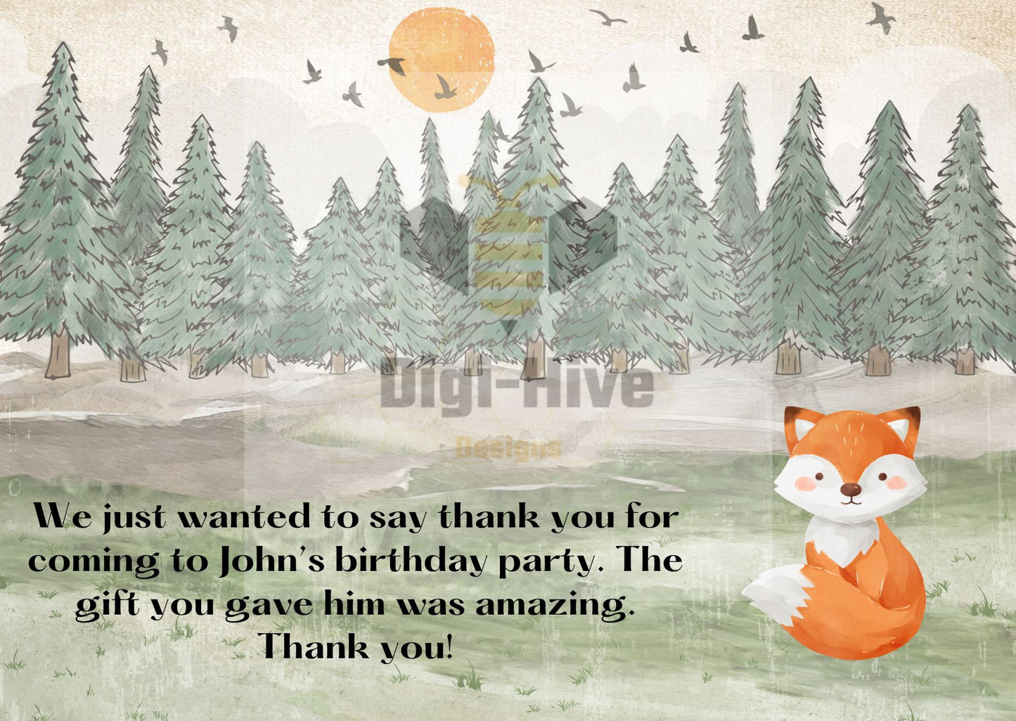 Look Who's Turning One: Watercolor Cute Fox Thank you Card; Editable Template Link