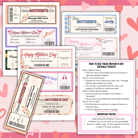 Editable Mother’s Day Gift Tickets | Printable Coupon Vouchers for Mom