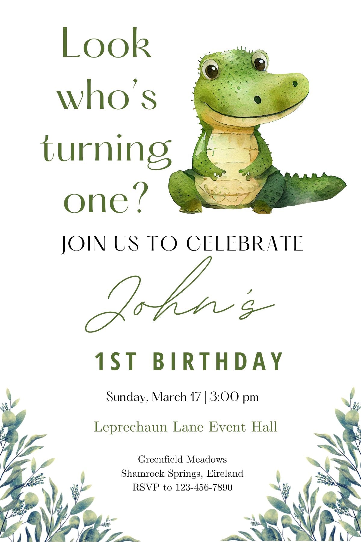 Look Who's Turning 1? Alligator, Editable Template Birthday Invite