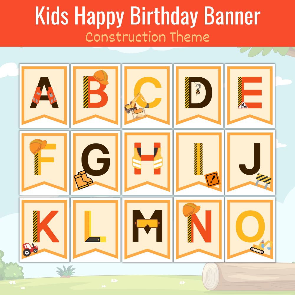 Construction Alphabet and Numbers Birthday Banner