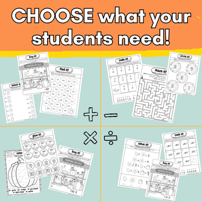 Pumpkin Math Worksheets for Arithmetic - Print and Go Elementary Fall Activities