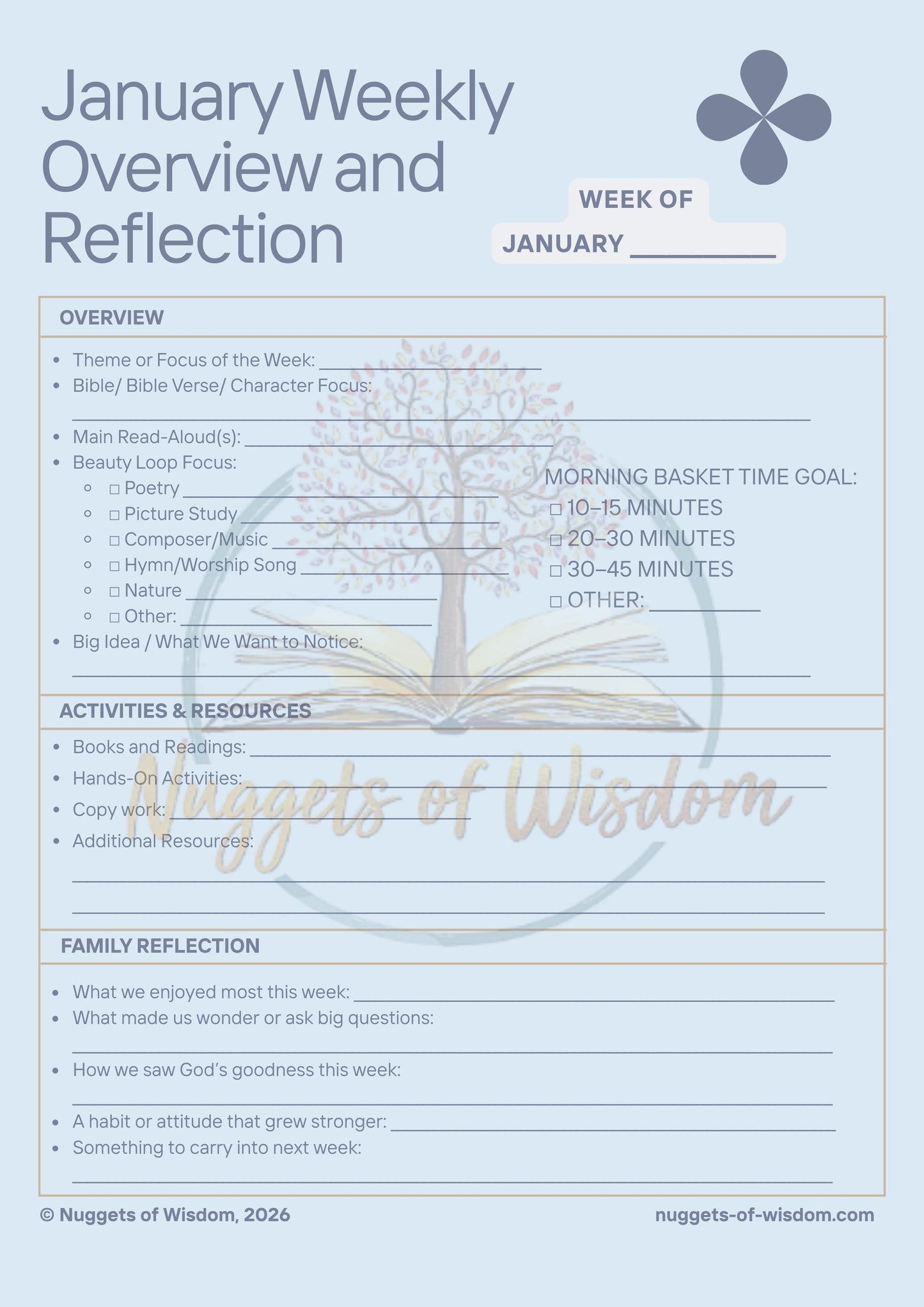 Morning Basket Planning Kit – 12 Pages for Bible, Read-Alouds, Beauty Loop & Family Reflection