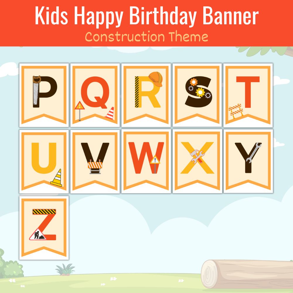 Construction Alphabet and Numbers Birthday Banner