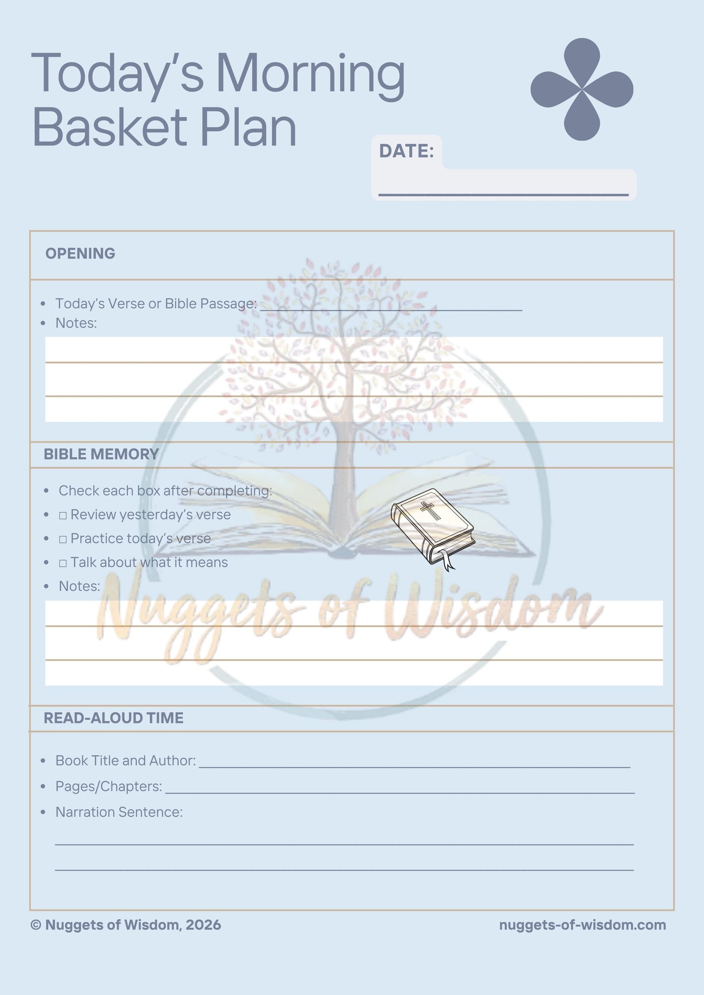 Morning Basket Planning Kit – 12 Pages for Bible, Read-Alouds, Beauty Loop & Family Reflection