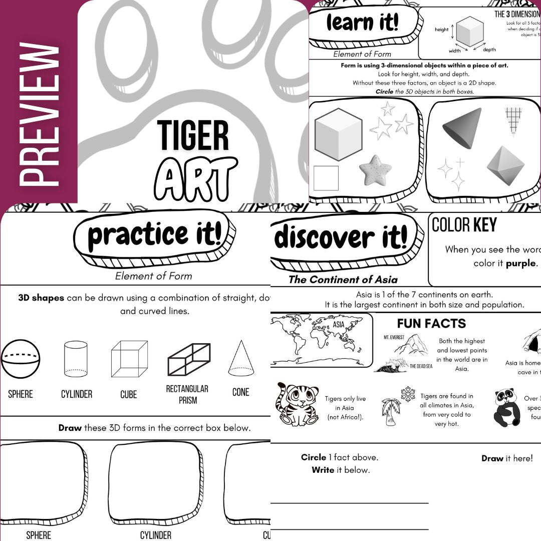 Tiger Art Journal: 7 Art Activities to Teach Element of Form with Writing