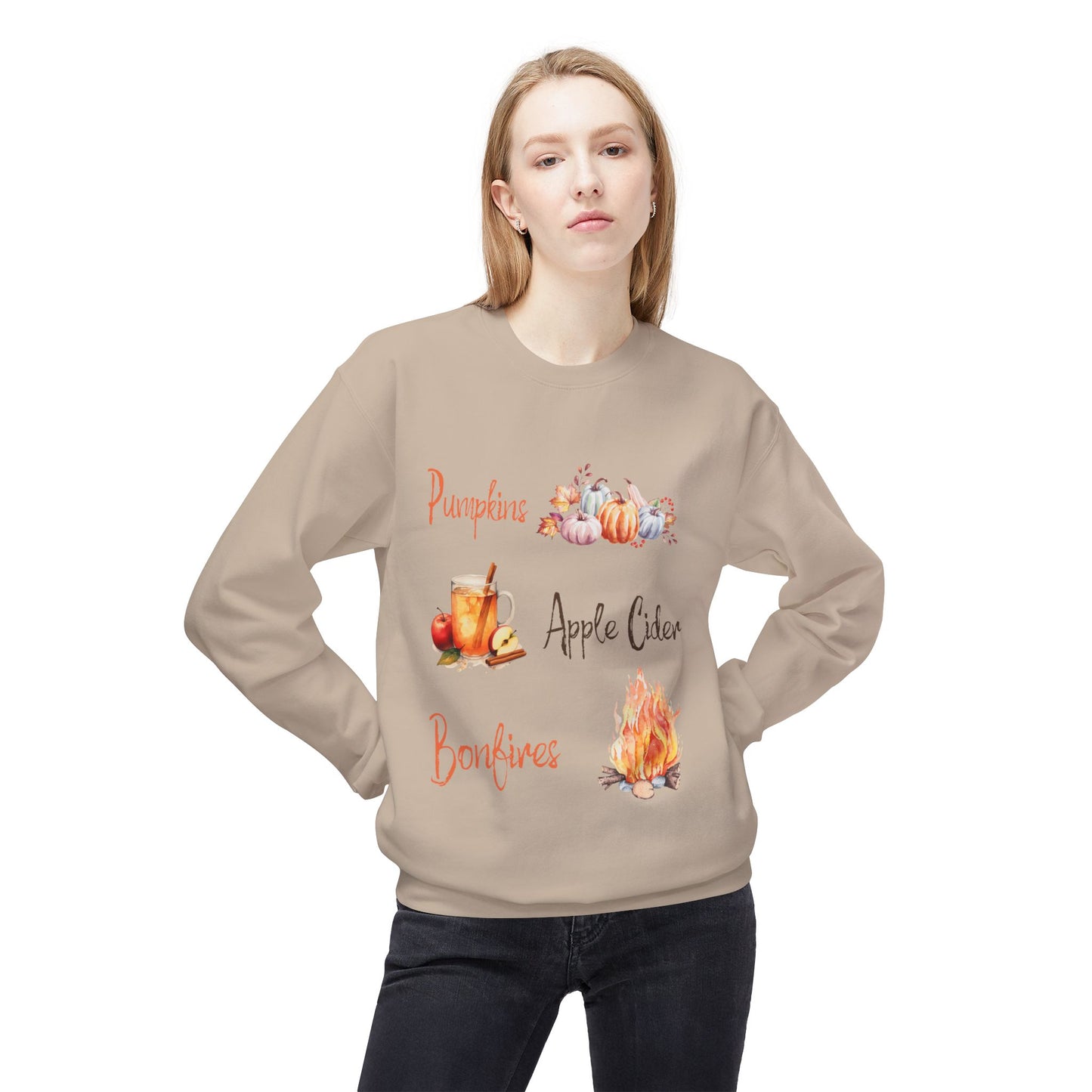 Pumpkins, Apple Cider, and Bonfires: Unisex Midweight Soft style Fleece Crewneck Sweatshirt