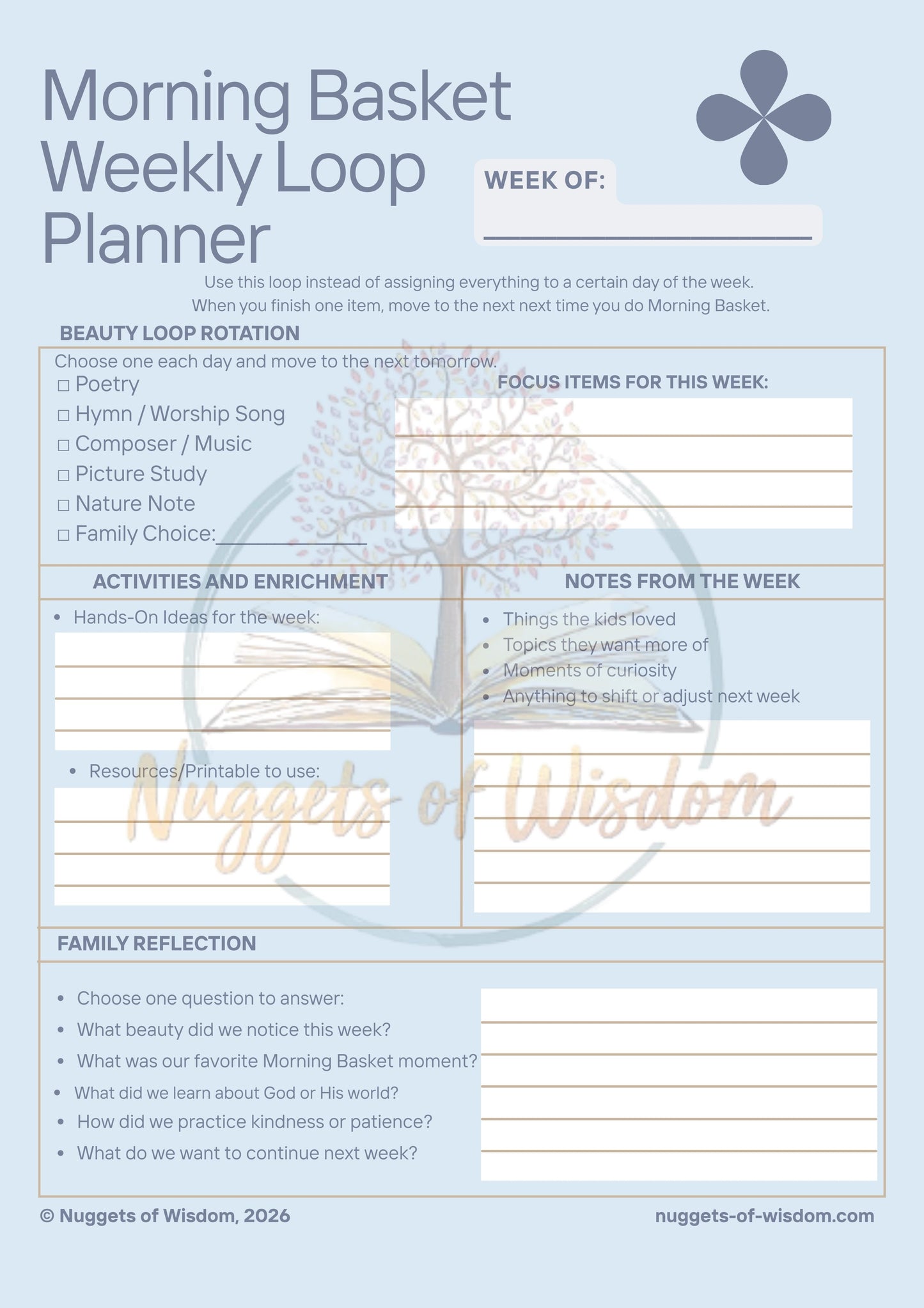 Morning Basket Planning Kit – 12 Pages for Bible, Read-Alouds, Beauty Loop & Family Reflection