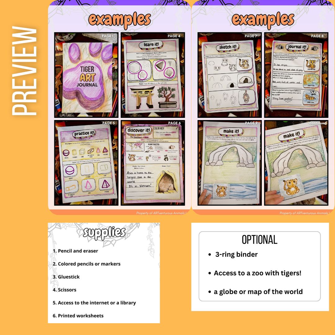 Tiger Art Journal: 7 Art Activities to Teach Element of Form with Writing