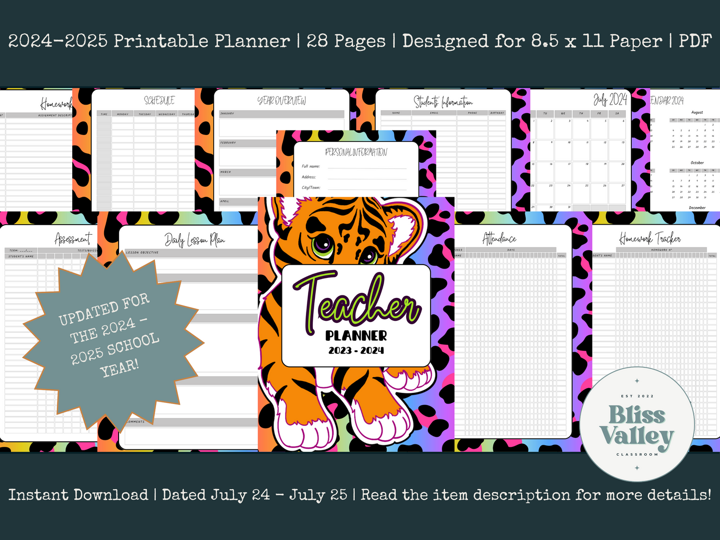 90s Retro Theme Printable Teacher Planner 2024 - 2025 | Back to School | Teacher Organization | Classroom Décor | Calendar | Cheetah | Neon