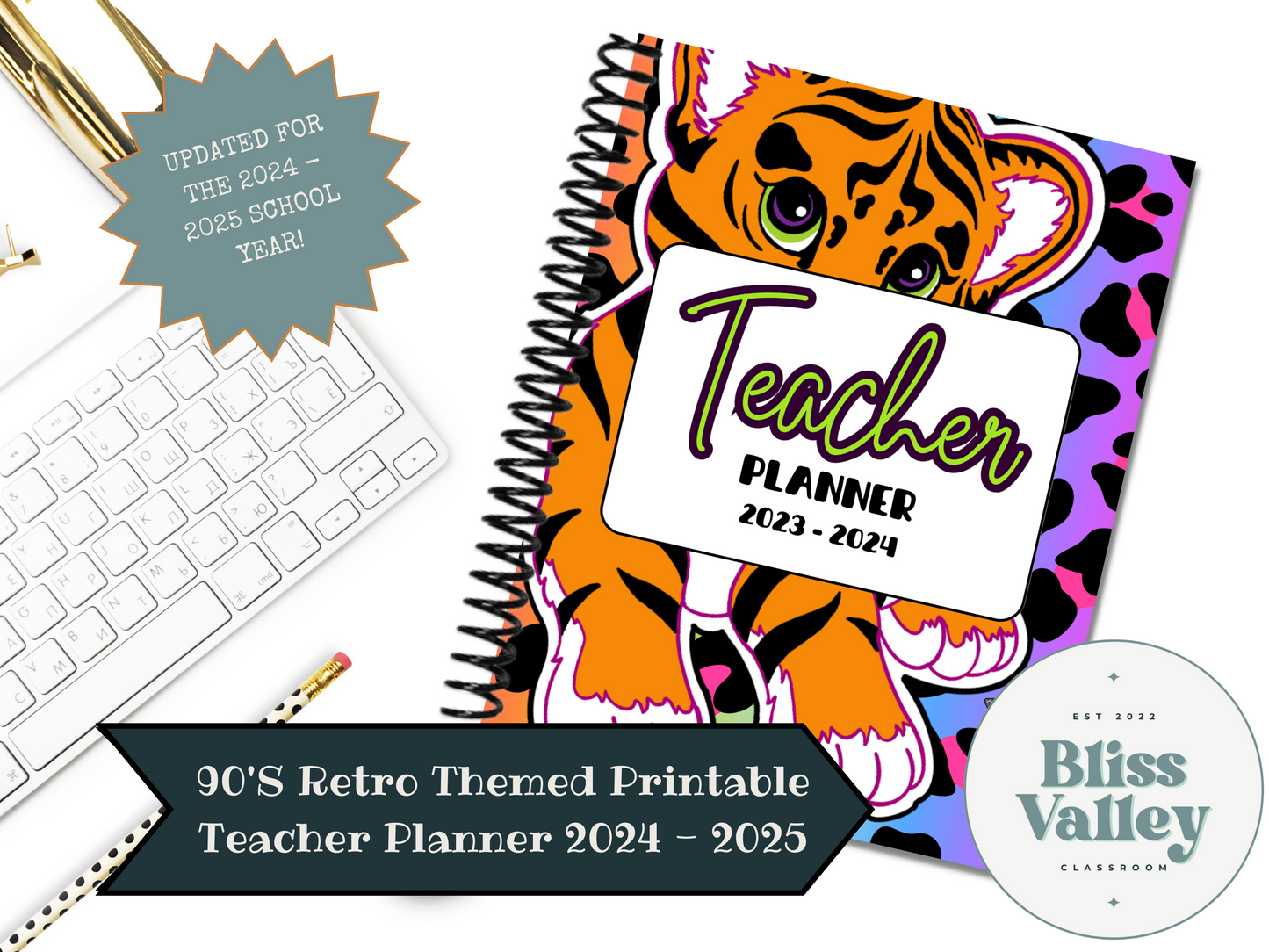 90s Retro Theme Printable Teacher Planner 2024 - 2025 | Back to School | Teacher Organization | Classroom Décor | Calendar | Cheetah | Neon