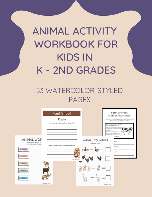 Watercolor Animal-Themed Activity Workbook for Kindergarten - 2nd Grade
